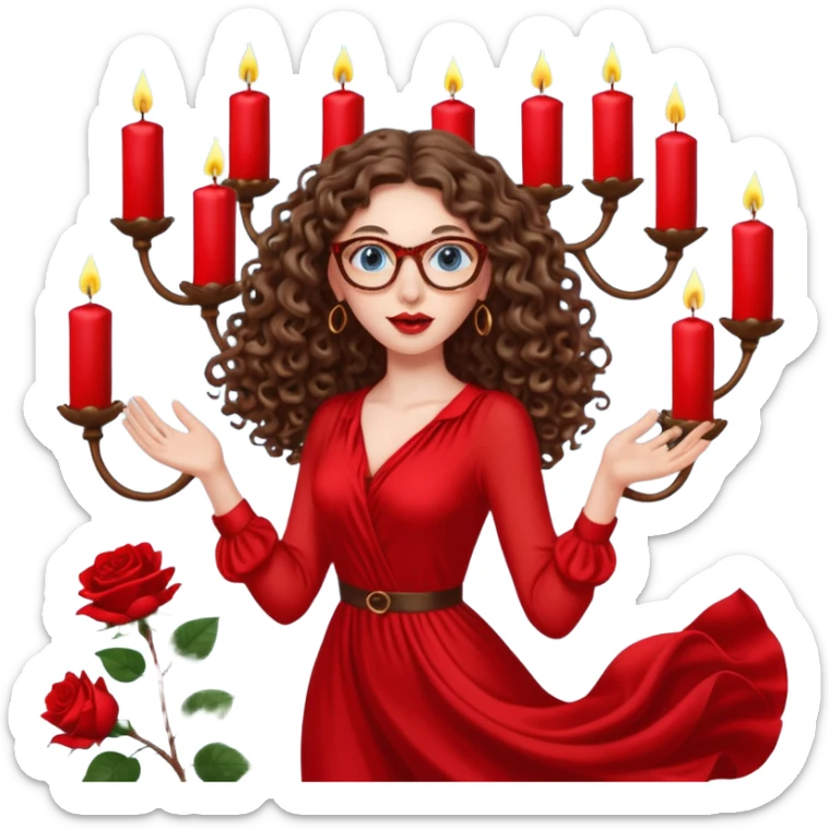 a blue eyed woman with very long brunette curly hair, full lips,and really pale skin. She is wearing a leopard printed thin round-ish glasses . She is wearing fully plain silky red dress. She is flying on the air. There are candles and sculptures and red roses all around her. She is making a magic. sticker