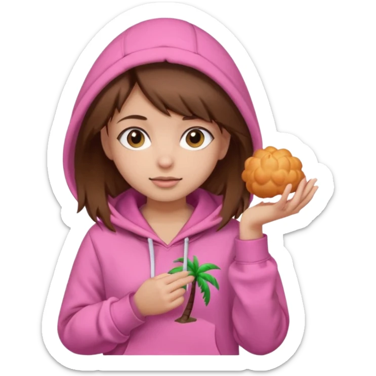Girl with brown hair wearing a pink palm puff hoodie sticker