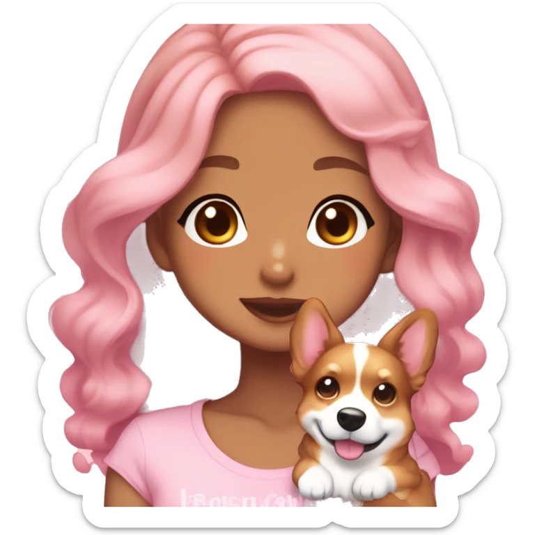 TAN SKIN GIRL WITH LONG BROWN CURLY HAIR AND A CORGI pink kawaii shiny blushing cute kawaii pastel anime trending style pink pastelcore sticker