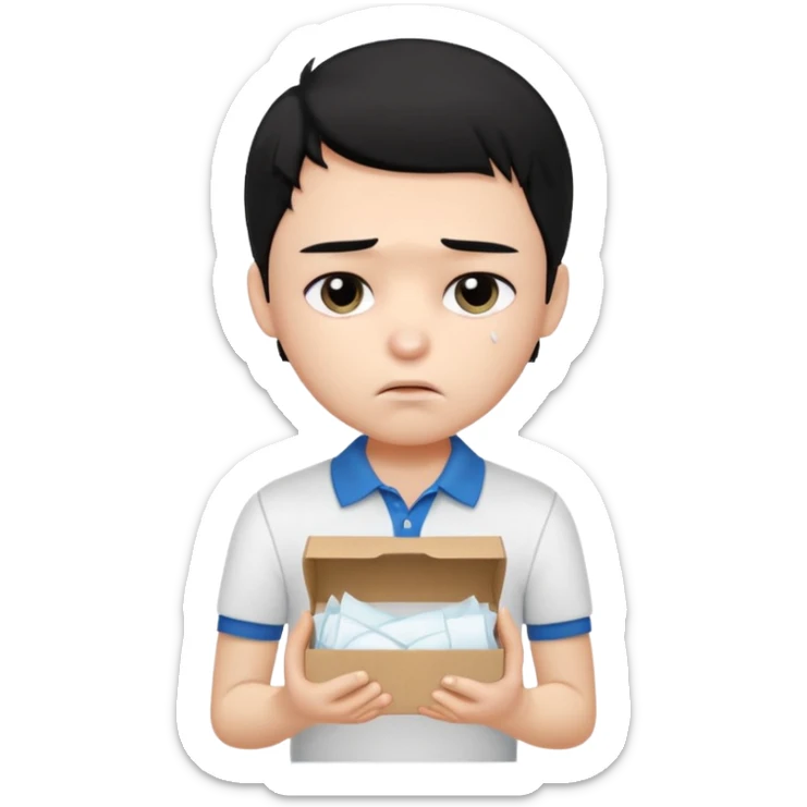 generate a pretty bratz boy with black hair, wearing a plain white polo shirt. Looking sad, holding a box of tissues sticker