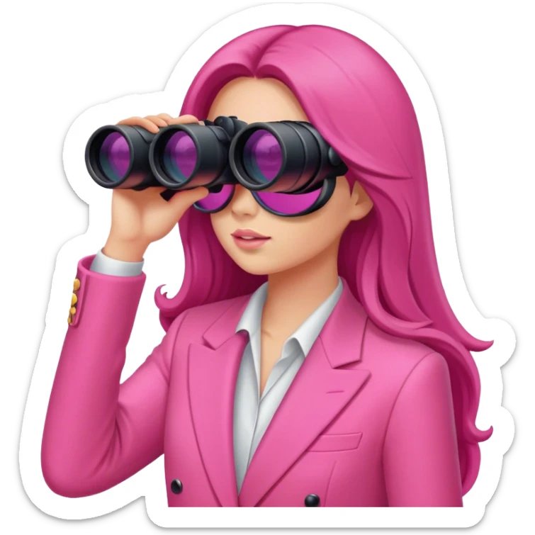 woman with long hair in an intensive color pink suit looking through binoculars sticker