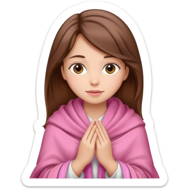 A girl with brown hair, wearing a pink shawl, has beautiful features and her hand rests on the shawl. sticker