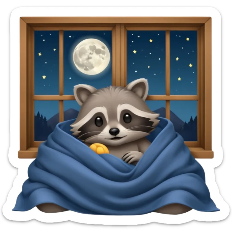 A raccoon sleeps under a blanket against the backdrop of an open window with the moon sticker