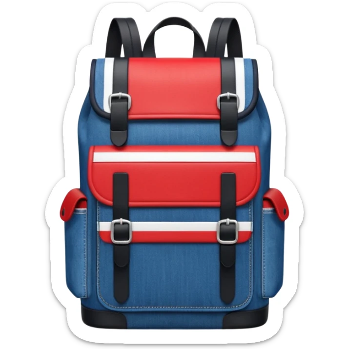 Minimalist emoji-style icon of a stylish blue denim backpack with a flap top, two vertical black buckle straps, a large red-white-navy horizontal block in the center, and two zipper side pockets. Inspired by Tommy Jeans design. Front view, cartoon-like, clean design.

 sticker