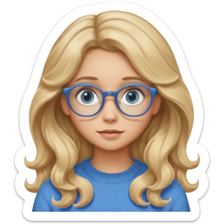 blonde girl with long dark blonde wavy hair, blue big eyes, pantos-style glasses, a brown sweater, sitting and looking in laptop, soft pastel, upper body shot sticker