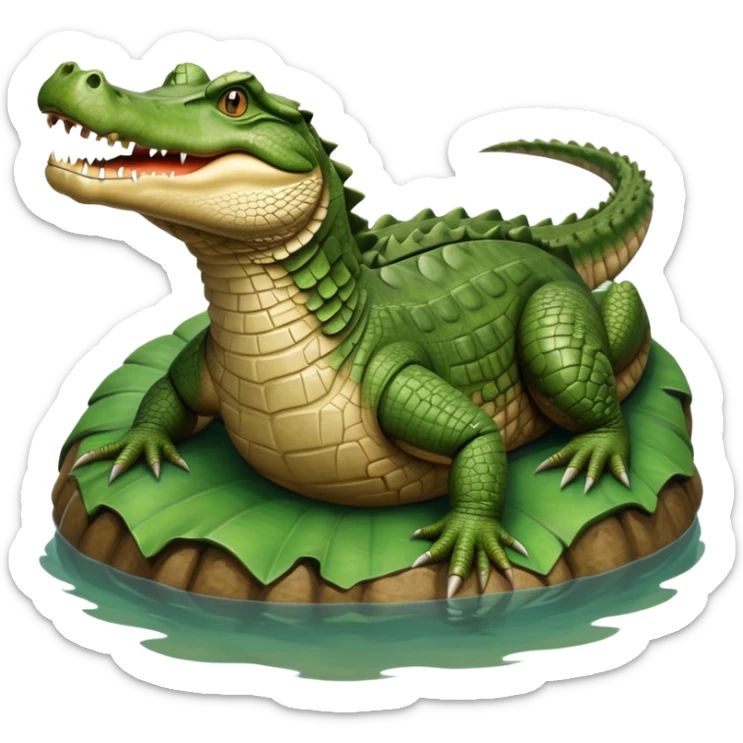 cinematic-crocodile-realistic-full-body-lounging-emoji,-massive-scaled-body-partially-submerged-in-shallow-water,-head-tilted-dramatically,-rough-green-and-brown-hide-textured-with-deep-ridges,-simplified-yet-realistic-focused-features, head held high sticker
