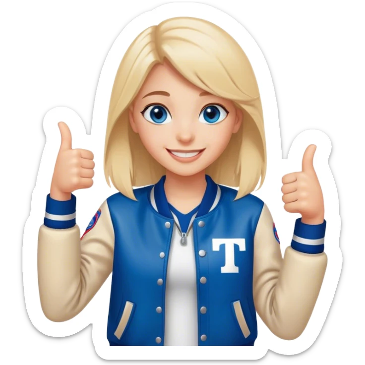 smiling girl in letterman jacket Blue eyes thumbs up, Name is Tini  sticker