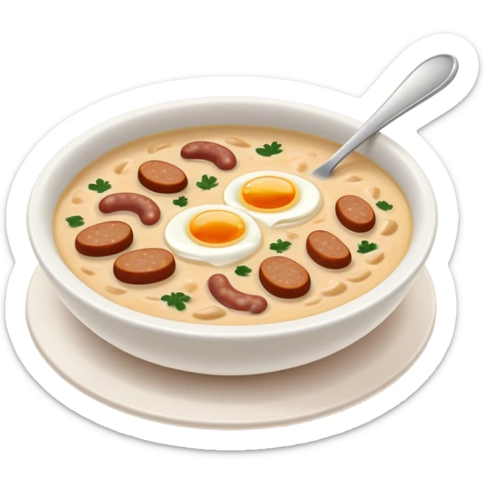 Cinematic Realistic ≈ªurek Soup Dish Emoji, depicted as a tangy, creamy rye soup with sausage and egg rendered with detailed textures and warm, comforting lighting. sticker