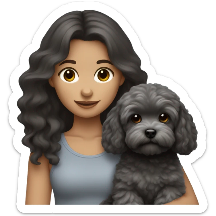 English Girl with dark brown long hair holding a charcoal gray maltipoo sticker