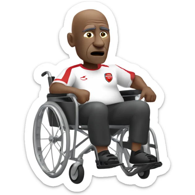 old black bald man with a round pot belly in wheelchair. angry face. grey stubble. he is pointing finger in front. wearing Arsenal soccer shirt. white word bubble sticker