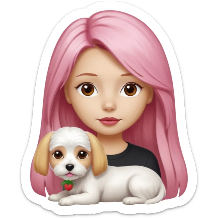 white Maltese terrier with pink nose on lap of girl with long blow-dried strawberry blond hair, brown eyes, thin eyebrows, slim nose, beautiful lips, Apple memoji emoji style sticker