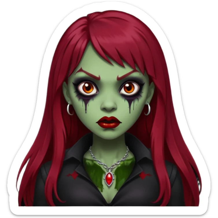 vampira gótica parda zumbi de cabelo longo e vermelho extremamente escuro e franja e roupa com decote e batom preto sticker