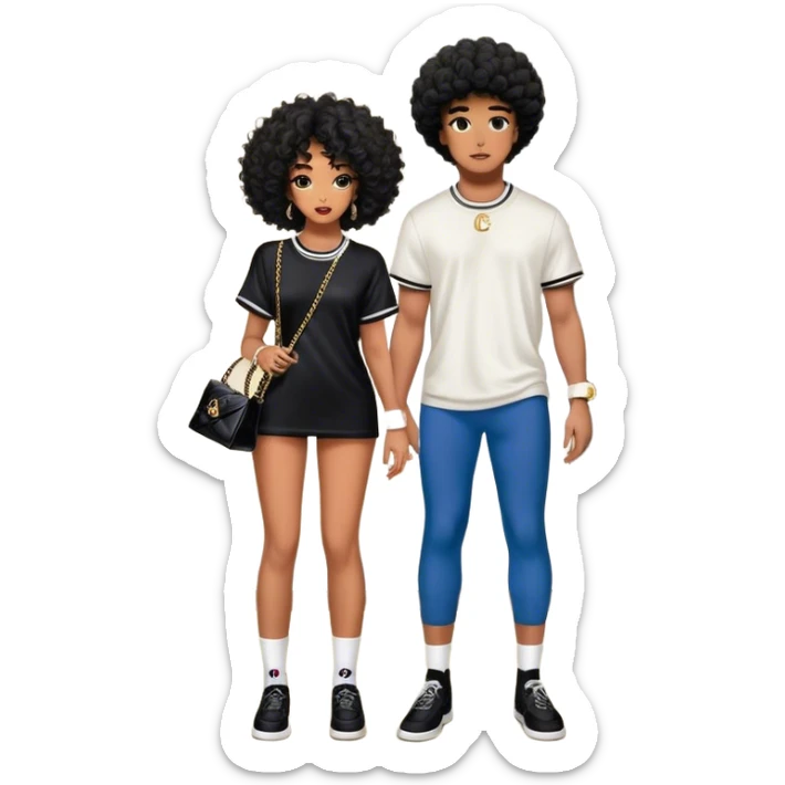 Man with loose curly tapered fro living his dream standing in the master bedroom of a mansion. He’s boo’d up with a pretty Brownskin big booty woman wearing a Chanel outfit with her holding a Chanel bag. The man has on a Fear of God Essentials outfit wearing designer socks. The man isn’t holding a bag sticker