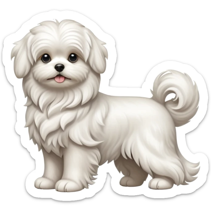 detailed-[wavy haired maltese-dog]-realistic-full-body-sitting-emoji,-tail-resting-loosely-beside-its-paws,-head-tilted-dramatically,--wavy-[white]-fur,-simplified-yet-realistic-focused-features,-highly-detailed,-glowing-with-an-almost-sarcastic sticker