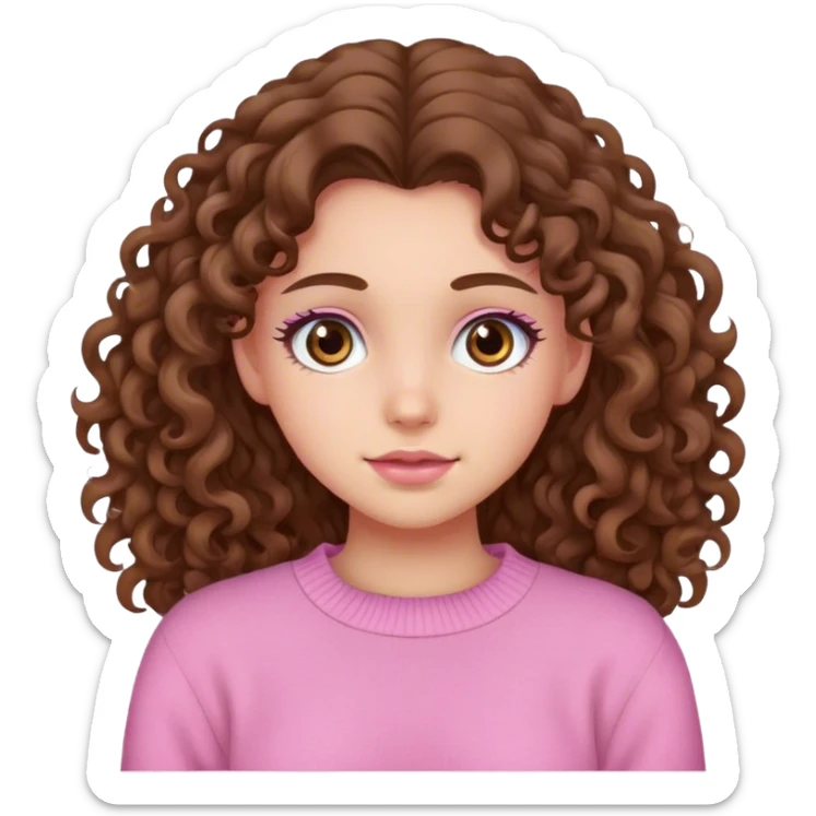 girl with brown eyes and long curly hair in a pink sweater sticker