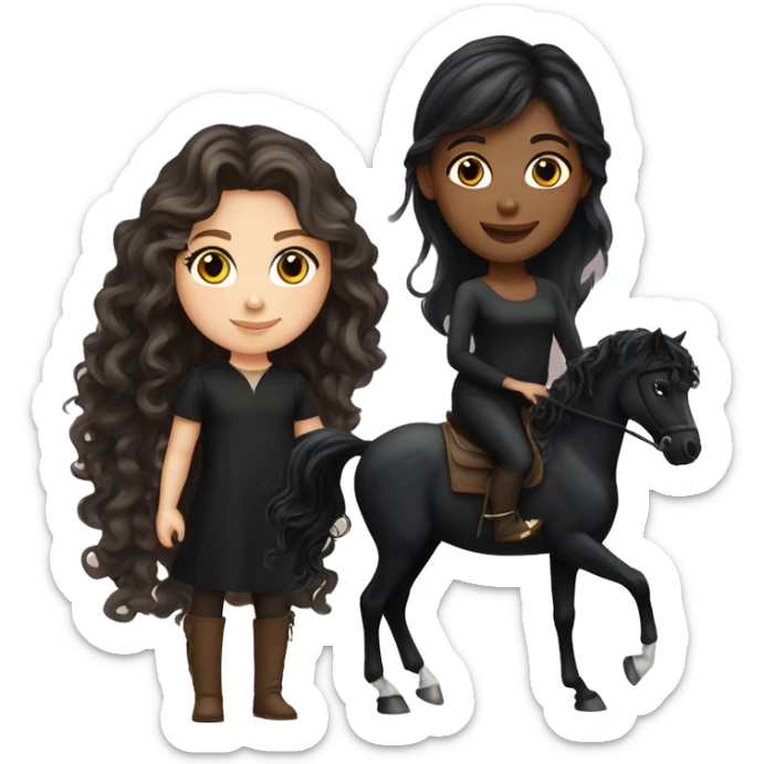 White girl, black shirt, long dark brunette curly hair, next to a black arabian horse sticker