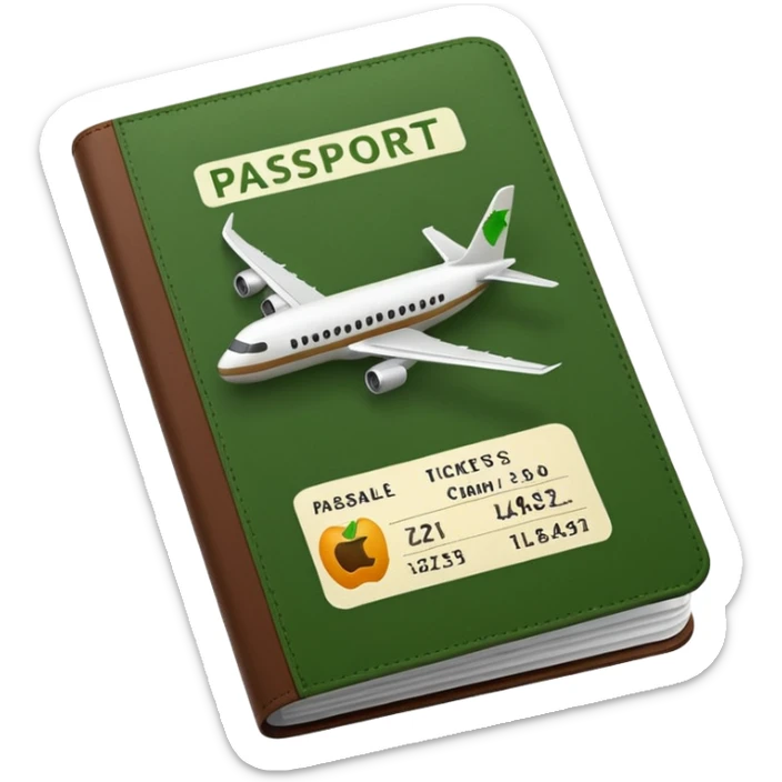passport with visible airplane tickets, Apple emoji style, colors #173e12 and #c1a793, no text, minimalist sticker