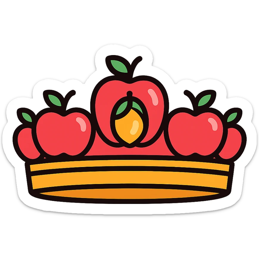 stylized crown with main band formed by row of shiny apples, jewel-like apple centerpiece sticker
