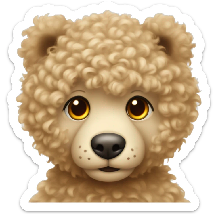 Light coloured curly fur. With Orange eyes teddy bear wearing a beige sweater with a red heart in the middle.  sticker