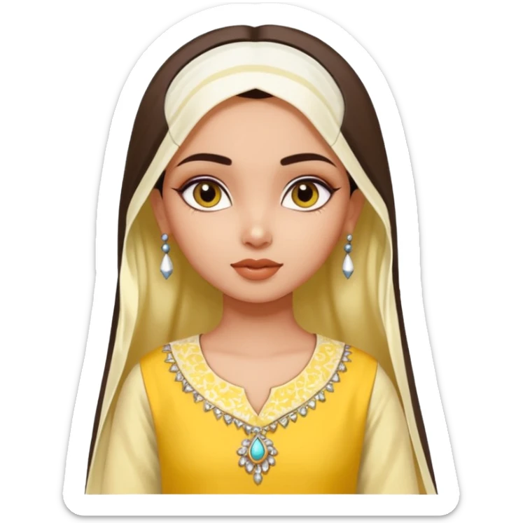 generate an ios genmoji in a bratz style of a fair beautiful indian girl wearing a casual kurti (yellow) with dupatta in white sticker