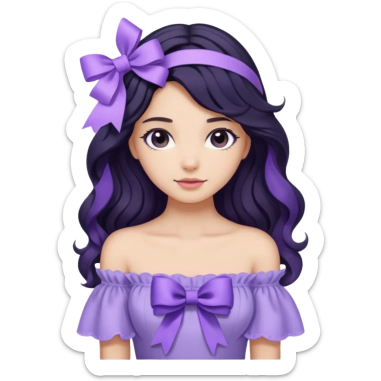 Girl with black wavy long hair and a ribbon hair clip beside it make it look like wearing a lavender off shoulder  sticker