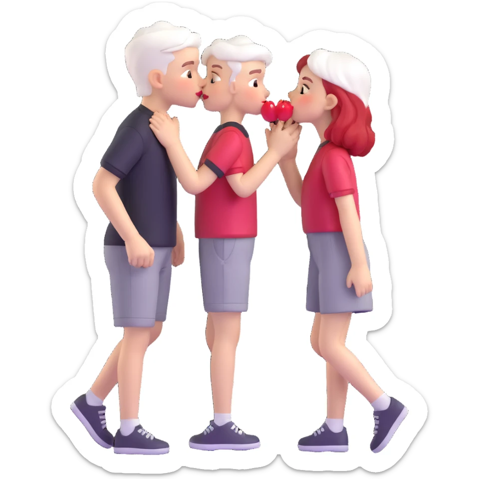 couple kissing, boy with PAPER WHITE SHORT HAIR (completely white), dark shirt, girl with long cherry red hair, light clothes sticker