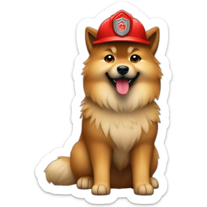 Full body fawn Eurasier happy, Red firefighter hat and red shoes tail wagging sticker