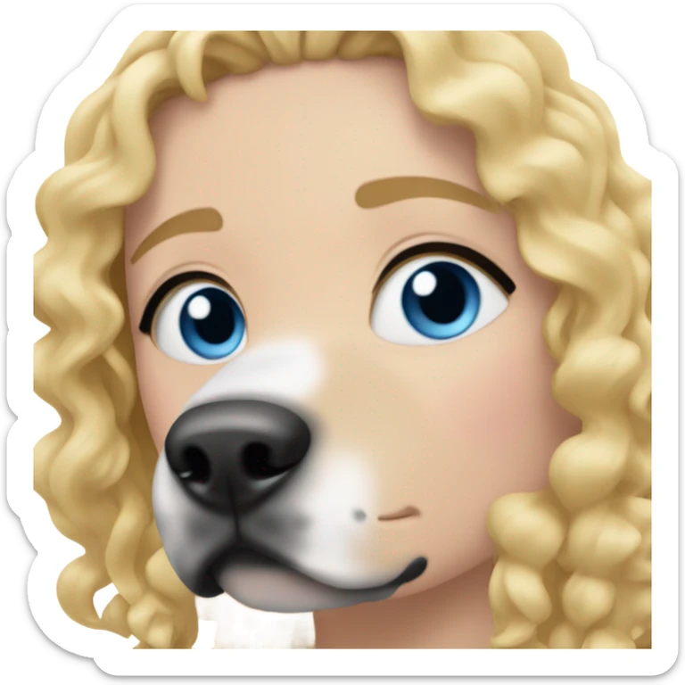 girl with blue eyes and curly blonde hair with black and white staffy in front of her sticker
