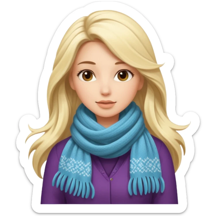 A stylish woman in a long and knitted scarf, hair flowing in the winter breeze. sticker