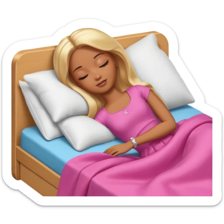 Brown skin blonde hair Barbie sleeping in bed with eyes closed sticker