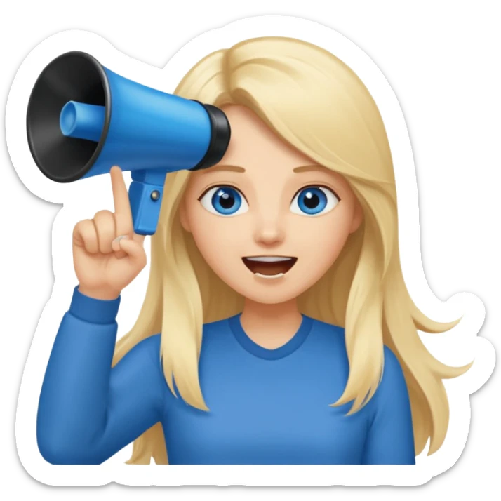  blue eyes blonde girl yelling into megaphone smiling long hair holding up finger sticker