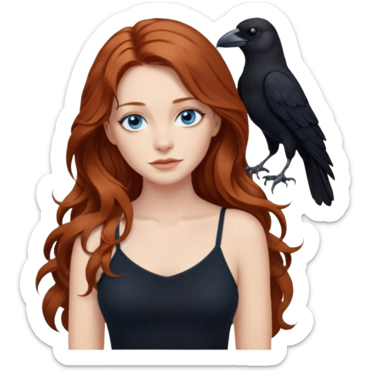 Constantine and Long wavy Auburn hair woman BLUE eyes wearing black cami and a crow sticker