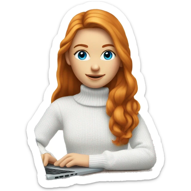 ginger girl with long hair and blue eyes in turtle neck white sweater working on a laptop sticker