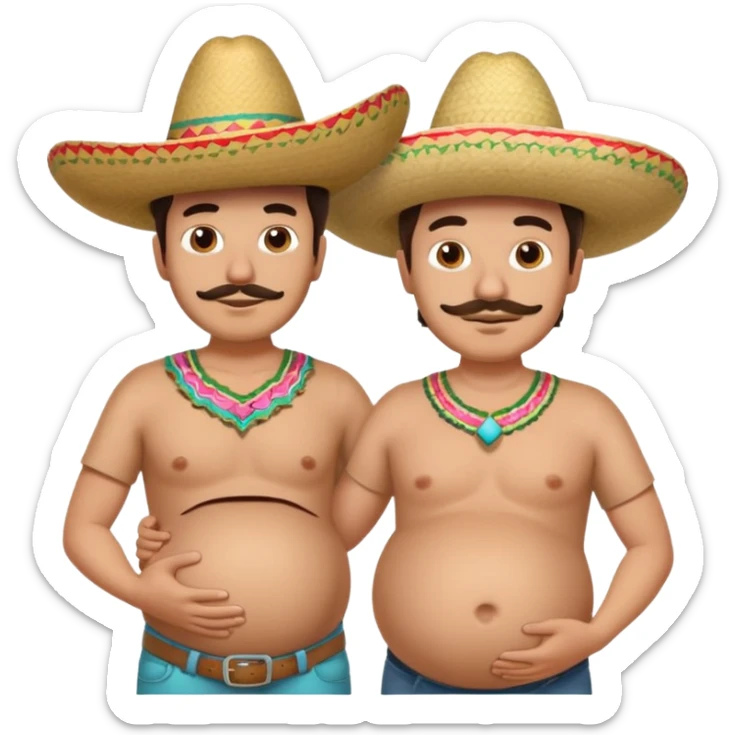only two men standing besides each other. 1 man is white and not pregnant, and the other man is mexican wearing a sombrero and pregnant, holding his belly.  sticker