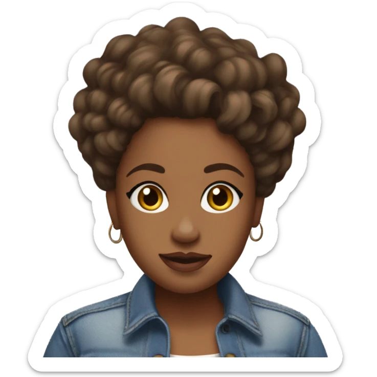 Curvy brown skin girl with wavy hair big hazel eyes denim outfit standing in the yard sticker