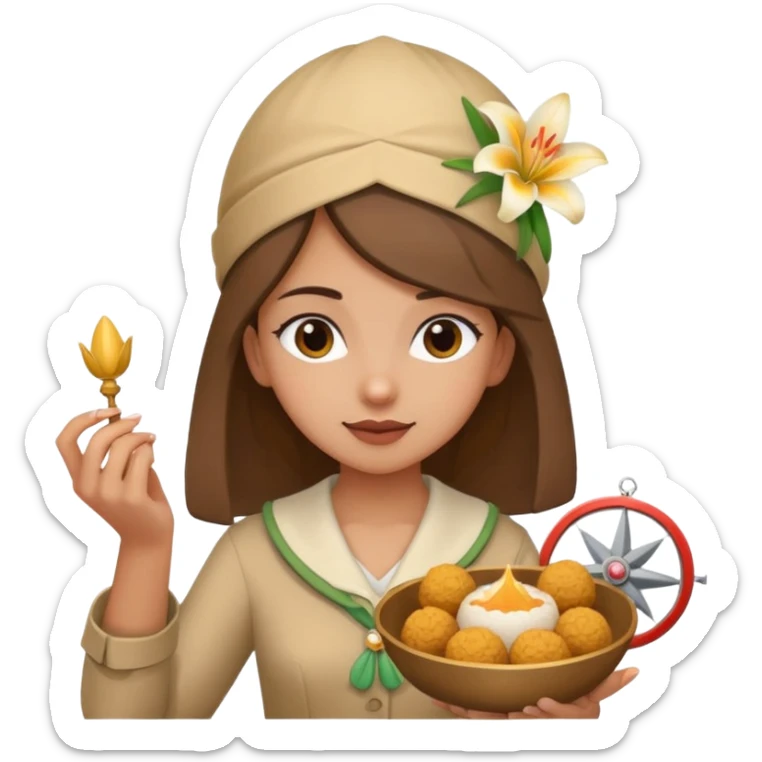 create an image similar to an emoji of a pinni / laddoo as an assamese girl navigating using a compass. She also has a lily on her head. Do not make her very human sticker