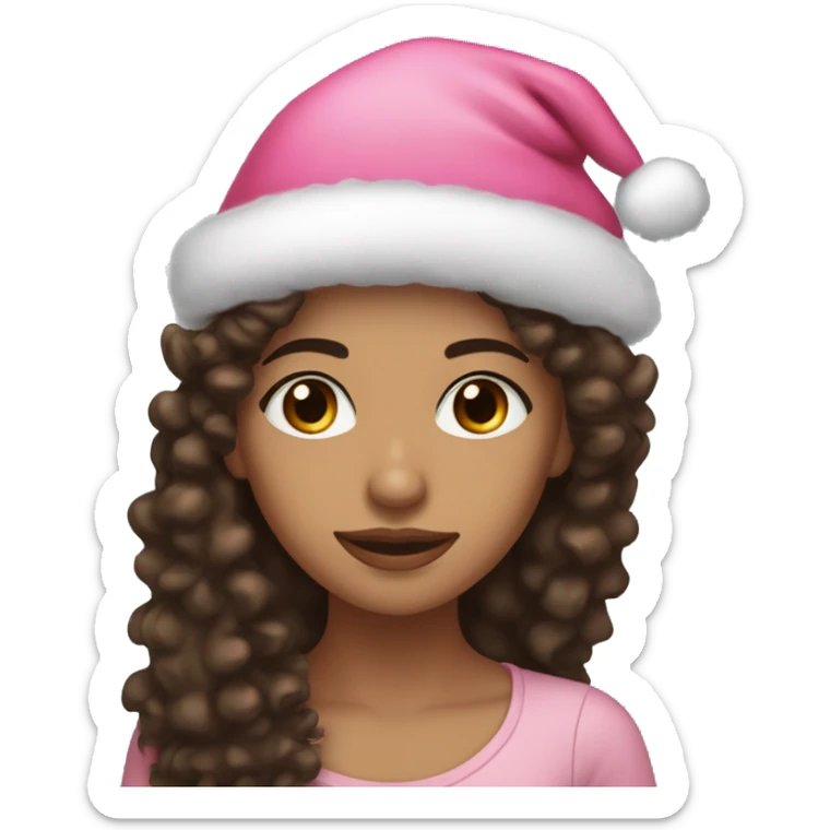 light brown skinned pretty woman with long black curly hair and almond brown eyes with pink christmas hat sticker