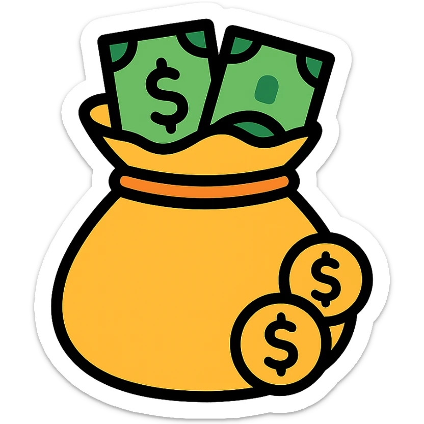 colored icon of a money bag with coins and banknotes peeking out sticker