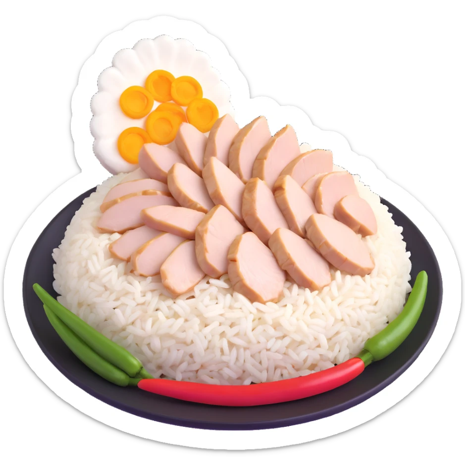 Singapore chicken rice with sliced poached chicken, fragrant rice, and chili sauce sticker
