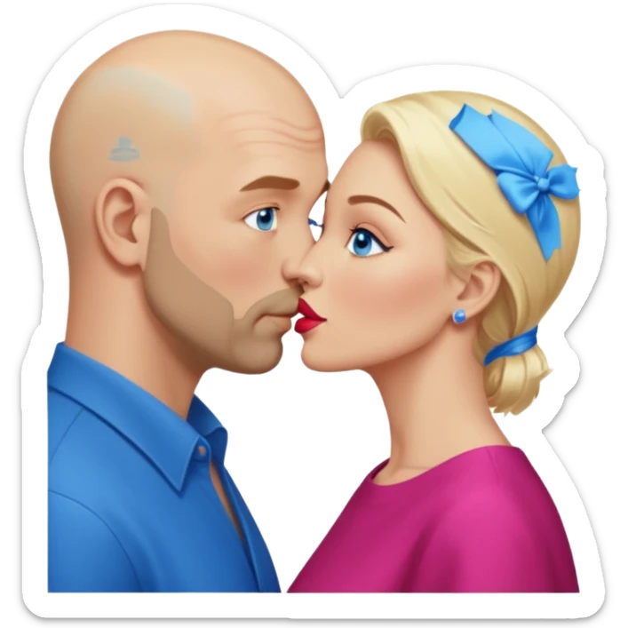 middle age bald man with scruff, blue eyes a.  Kissing blonde woman with blue eyes sticker