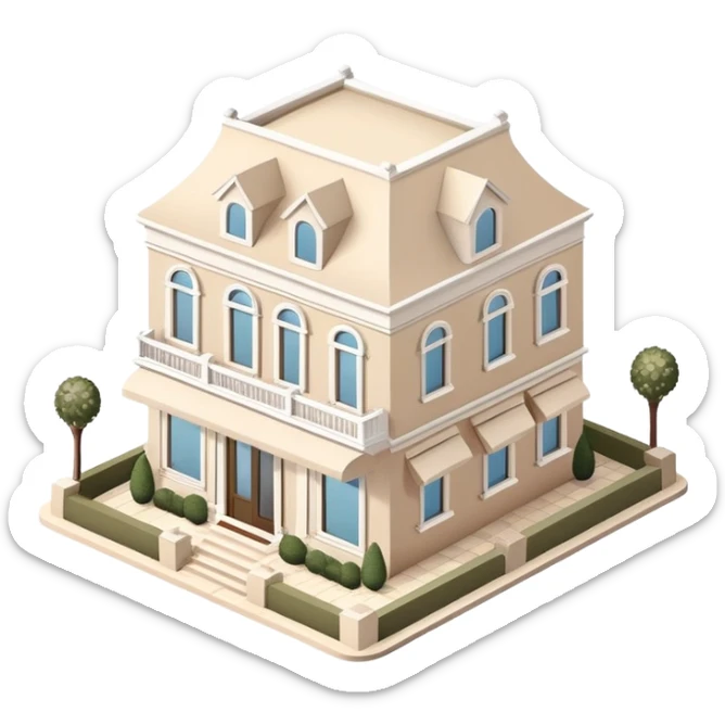 Isometric exterior little beige and white luxury salon dollhouse style 3D realistic  sticker