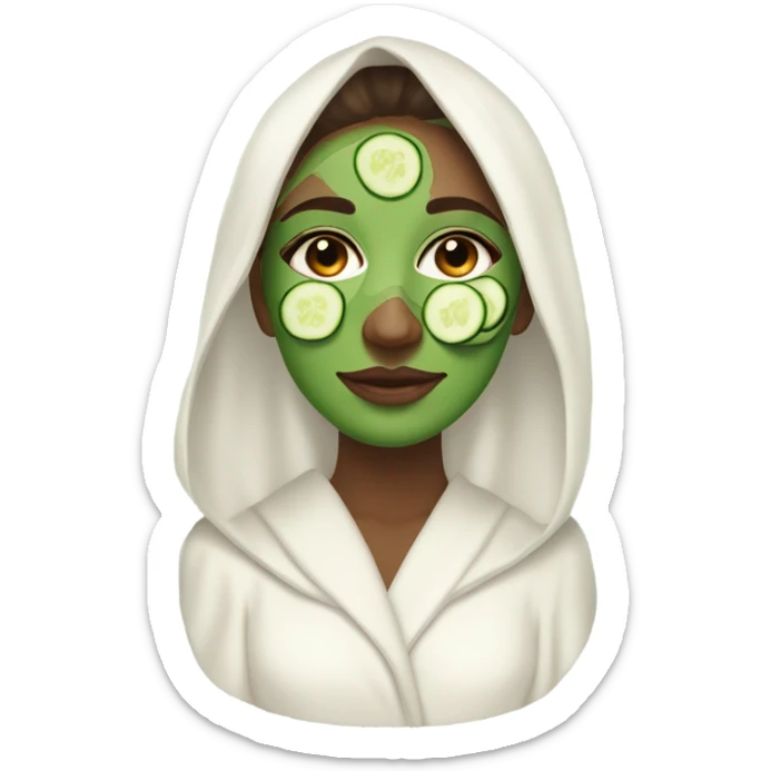 White girl with Brown hair and blue eyes wears a Green colored skincare clay textured mask and puts on cucumbers around her eyes while She relaxes in her white Robe sticker