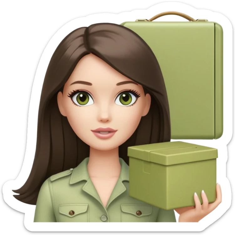 A white Barbie girl with long dark brown straight hair in pale olive clothes holds pale green box sticker