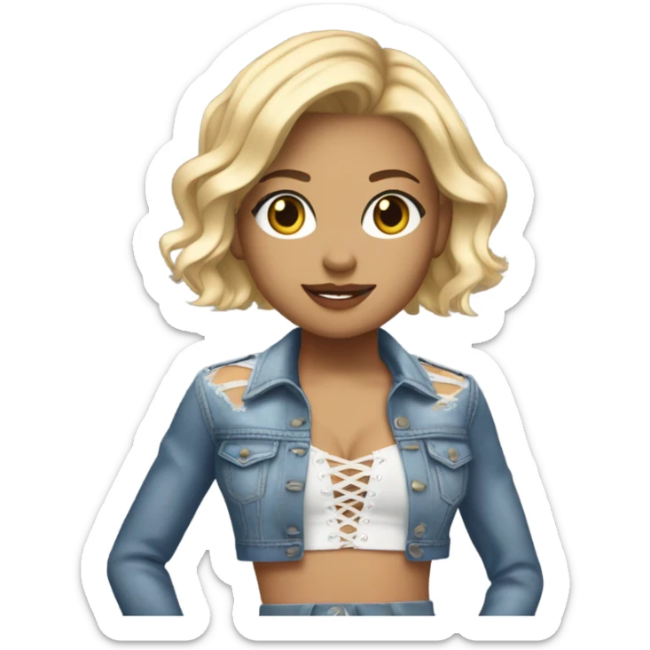 A blonde girl with short hair wearing a Shakira lace up croc top and short jeans and high heels  sticker