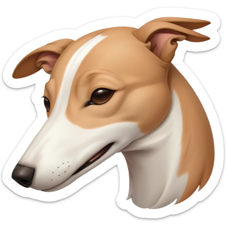 Meme-Worthy Cute Sleeping White and Brown Greyhound Portrait Emoji, Head resting peacefully with a contented smile, showcasing a lean, graceful build and a luxuriously smooth Fur of white with brown accents, eyes shut in a serene nap, Simplified yet hilariously adorable features, highly detailed, glowing with a soft, drowsy light, high shine, relaxed and utterly lovable, stylized with an air of playful laziness, bright and heartwarming, soft glowing outline, capturing the essence of a comically sleepy racer, so meme-worthy it feels like it could instantly become the next viral sensation of adorable slumber! sticker