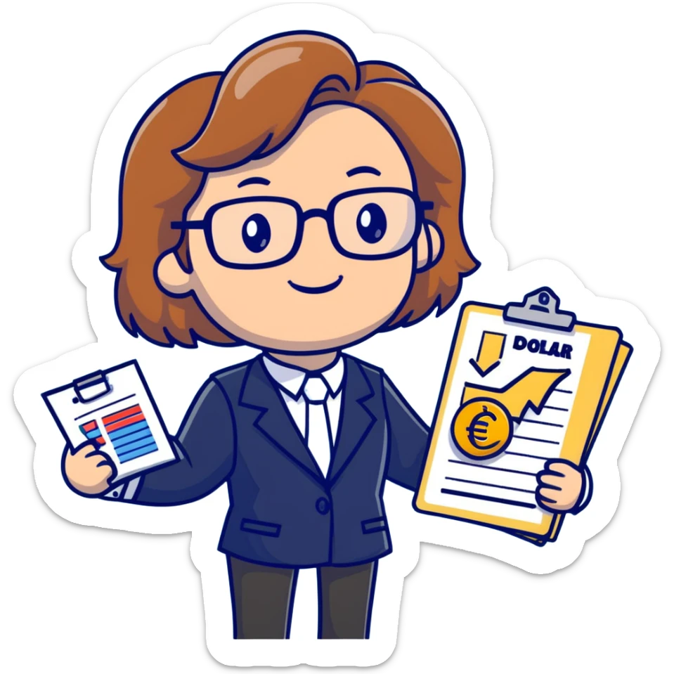 Professional economics channel mascot with shoulder-length wavy light brown hair, rectangular glasses, navy blazer, light blue shirt, holding clipboard with chart, pointing at dollar and euro symbols sticker