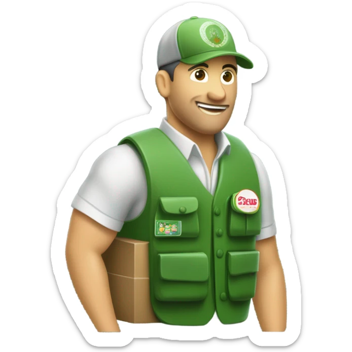 un vendedor con un palo de ciego, un chaleco verde, y tiras de cupones en el chaleco, bebiendose una cerveza sticker