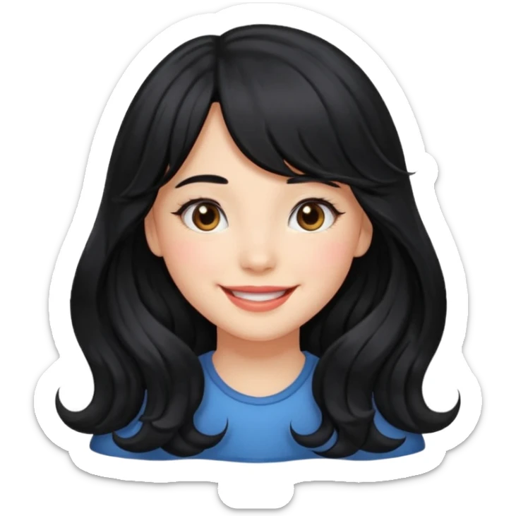 Please generate a portrait of a pretty girl with long, wavy, black hair. She's smiling. She also wears a middle parting and bangs. sticker