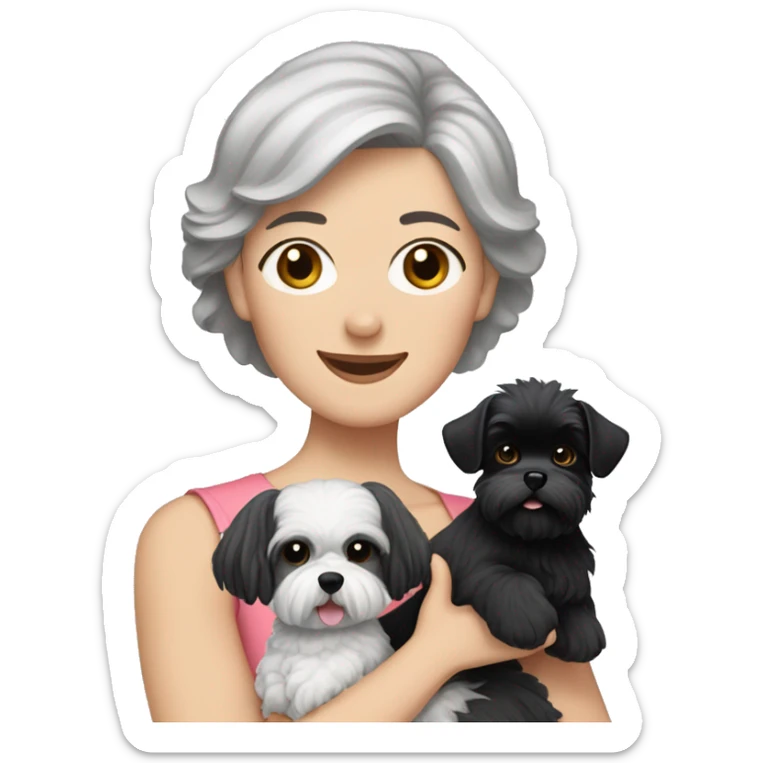 Caucasian women with short grey hair holding two dogs one black shih tzu and one white bichon frise sticker