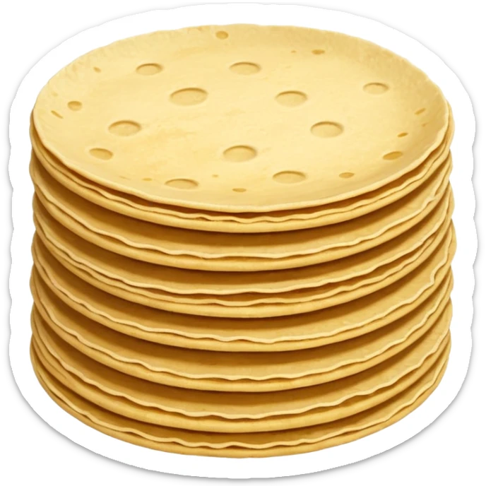 stack of 2 to 3 small round corn tortillas, warm golden-yellow color, slightly grainy texture, light browning spots, uneven handmade edges, flat and soft, slightly offset, no plate, no extras, soft lighting, subtle shadows, emoji scale sticker